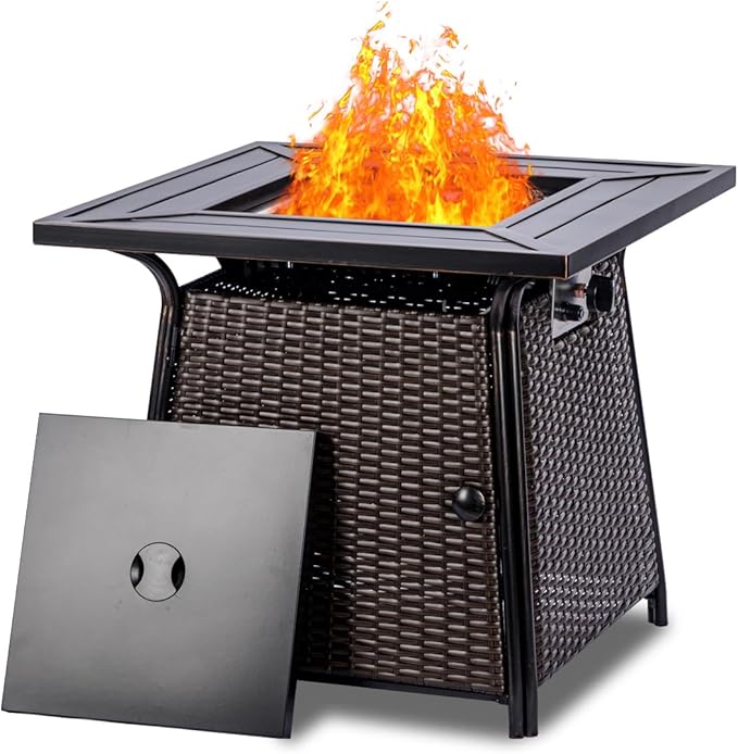 OutVue 28 inch Wicker Propane Fire Pit Table,Gas Fire Pits Table for Outside,50000 BTU Propane Firepit with Lid &Lava Rocks,Gas Firepit for Garden,Yard (Brown Rattan)
