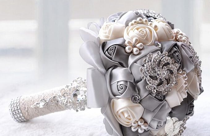 S_SSOY Romantic Wedding Bride Holding Bouquet Roses with Diamond Pearl Ribbon Valentine's Day Bouquet Confession (Gray)