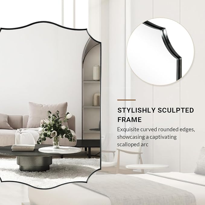 ANDY STAR 32x40 Inch Silver Mirror, Mirrors for Bathroom Sink, Large Brushed Nickel Mirror in Anti-Rust Stainless Steel Thin Frame, Elegant Curved Scallop Design, Wall-Mounted (Horizontal/Vertical)