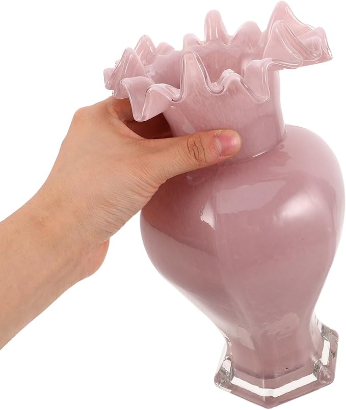 PRETYZOOM Artistic Ripple Edge Glass Flower Vase Handblown Decorative Floral Container for Home Table Office Wedding Centerpiece Pink Unique Artistic Accent Multipurpose Use