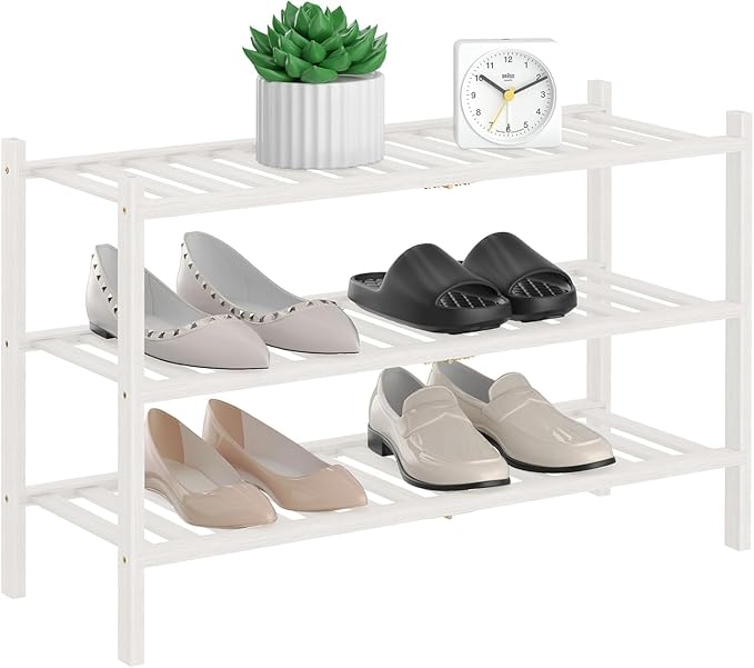 RONGJlA 2 Tier Bamboo Shoe Rack for Closet Free Standing Wood Shoe Shelf Storage Organizer for Entryway Small Space Stackable,White