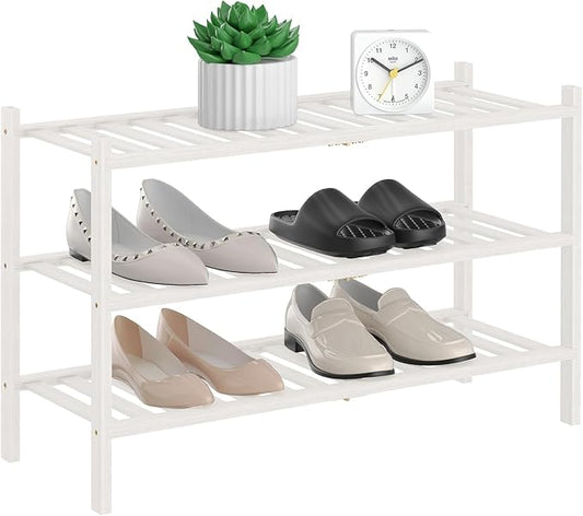 RONGJlA 2 Tier Bamboo Shoe Rack for Closet Free Standing Wood Shoe Shelf Storage Organizer for Entryway Small Space Stackable,White