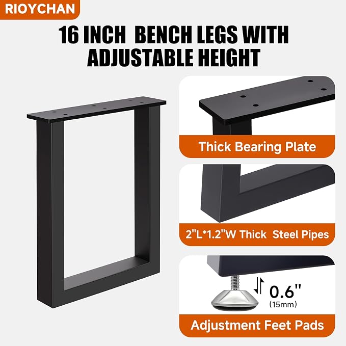 16 Inch Metal Bench Legs Set of 2, Heavy Duty Steel Coffee Table Legs, DIY Furniture Feet with Screws and Adjustable Foot Pads