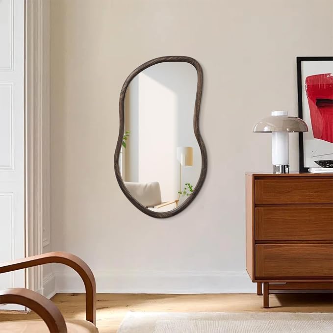 Asymmetrical Wall Mirror Rustic Brown Farmhouse Irregular Mirrors Wood Framed Mirror for Wall Wall Mirrors Decorative Hanging Mirrors for Wall Living Room Bedroom Entryway