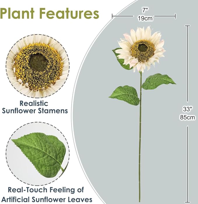 Large Sunflowers Artificial Flowers 8" Full Bloom Long Stem Artificial Sunflower 33" Tall Sun Flowers Giant Silk Sunflowers with Stem Fake Sunflower Floral Arrangement for Home Wedding Decoration