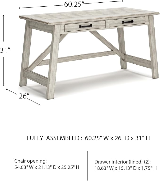 Signature Design by Ashley Carynhurst Farmhouse 60" Home Office Desk with Drawers, Distressed White