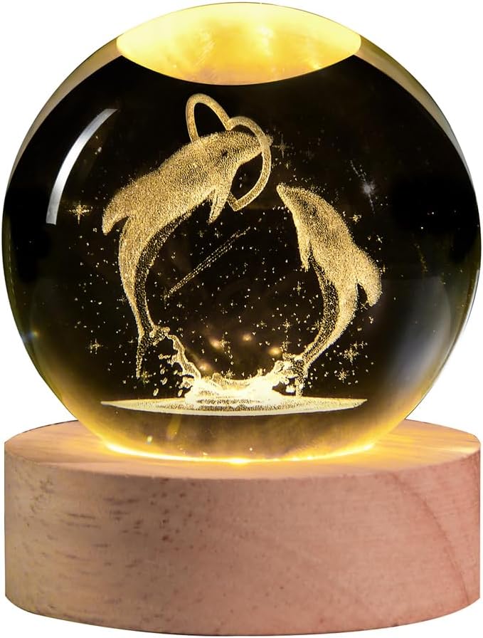 3D Laser Engraved Dolphin Crystal Ball, Romantic Dolphin & Heart LED Night Light, 60mm Sea Animal Figurines Decor Glass Sphere Lamp Gifts for Women Kids Mom