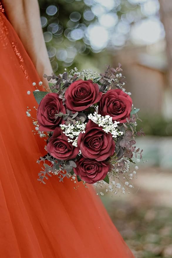 Artificial Rose Flower Artificial Flowers Flower with Long Stem Silk Roses Bouquet for Wedding Bridal Shower Party Home Decoration (Burgundy, 12 Pcs)