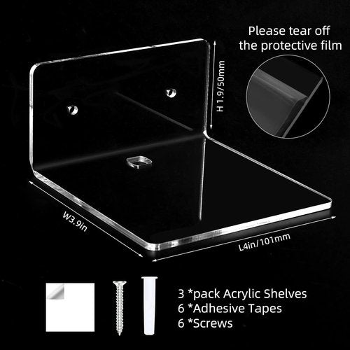 Skiennix 3 Pack Small Floating Shelves - 4'' Acrylic Mini Wall Shelf for Bedroom & Office | Easy Installation