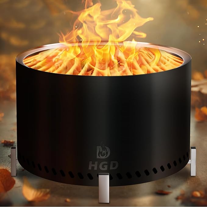 HGD 28" Smokeless Firepit with Stand, Stainless Steel Wood Burning Fire Pit for Friends & Family Gatherings, Secondary Combustion Outdoor Patio Stove for Garden BBQ & Bonfire (Black)