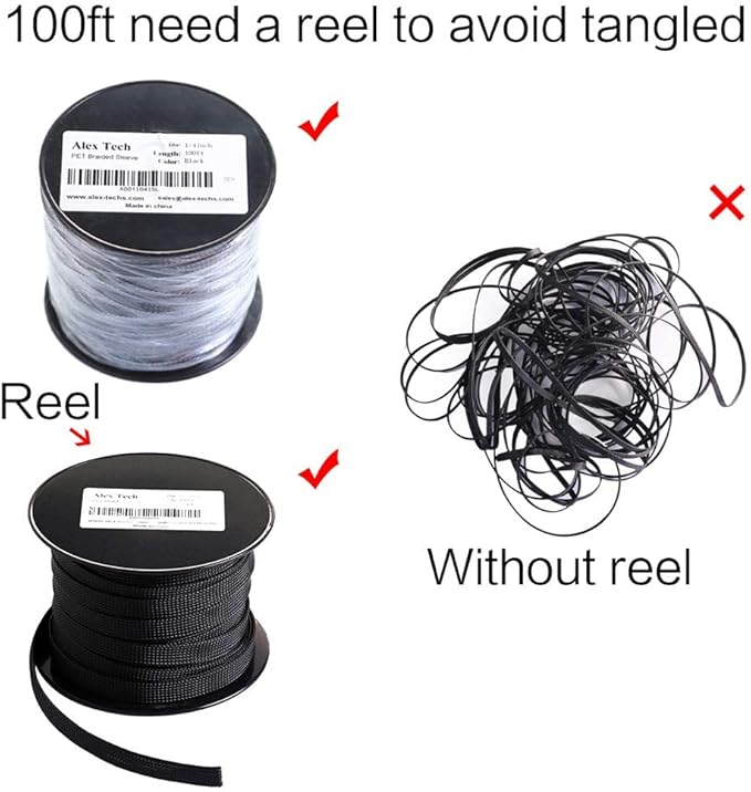 100ft - 3/8 inch PET Expandable Braided Sleeving – Black – Alex Tech Braided Cable Sleeve
