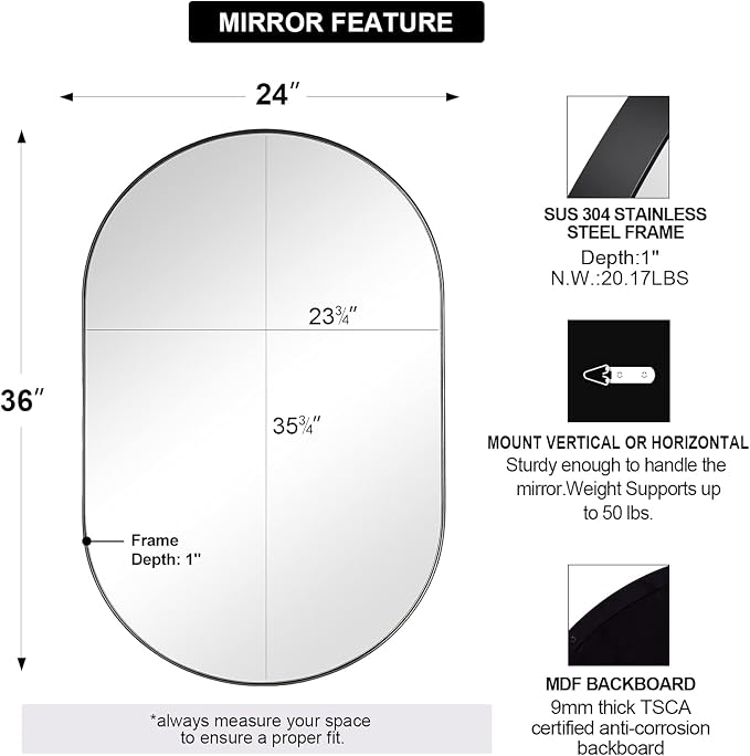 ANDY STAR Black Mirror Vanity, 24x36’’ Oval Mirrors for Bathroom, Black Oval Mirror, Pill Shaped Mirror, Vanity Mirrors Stainless Steel Metal Frame Wall-Mounted Ideal for Bathroom