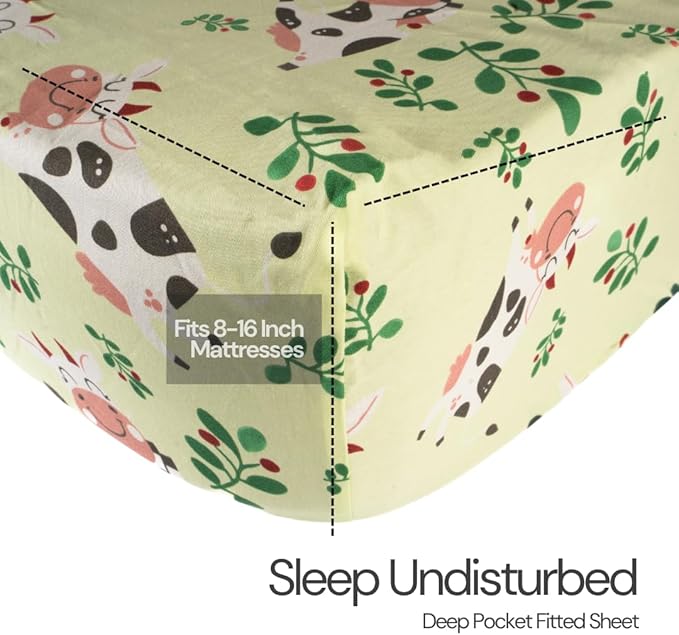 Salt Earth 100% Cotton 210TC Kids Bedsheet, Twin Fitted Sheet Toddler Bed, 2 Piece Bedding Set - 1 Fitted Sheet and 1 Pillowcase, Themed Toddler Bed Sheets, Cute Sheets for Kids Bed (Cow)