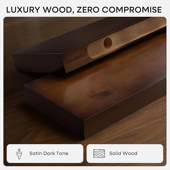 Homeforia Walnut 20 inch Floating Shelf, High End Solid Real Wood 20inch Floating Shelves for Wall Mounted, Dark Brown 20 inches Long Floating Shelves, Heavy Duty Bracket, 20 X 6.5 X 1.75 in, Set of 4