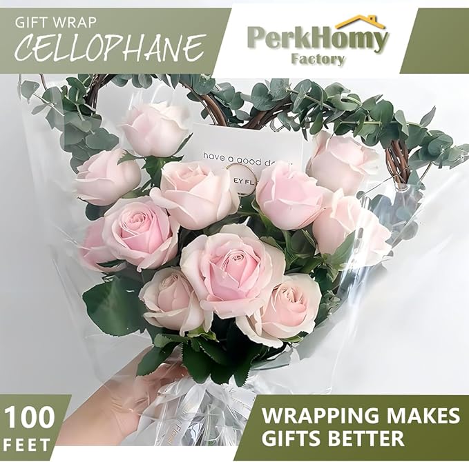 PerkHomy 100Ft Folded Clear Cellophane Wrap Roll 31.5" x 100' 3 Mil Thick Cellophane For Gift Basket Treats Goodie Wrapping Craft Flower Bouquet Plastic (31.5" fold into 16")