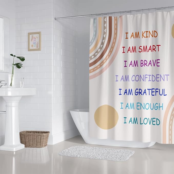 Boho Rainbow Quotes Shower Curtain Colorful Inspirational Positive Kids Teen Girls Abstract Moon Sun Fabric Home Bathroom Decor Waterproof Fabric 72Lx60W Inch with Plastic 12PCS Hooks