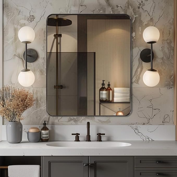 ANDY STAR Bronze Mirror for Wall, 30x36” Rounded Rectangle Bathroom Mirror, Modern Stainless Steel Metal Frame for Vanity