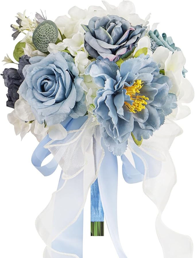 Dusty Blue Wedding Bouquets for Bride Bridesmaid,White Navy Blue Artificial Fake Silk Roses Flowers Bridal Bouquets for Wedding Boho Rustic French Vintage Church Decoration Toss Bouquet (8.6in(M))