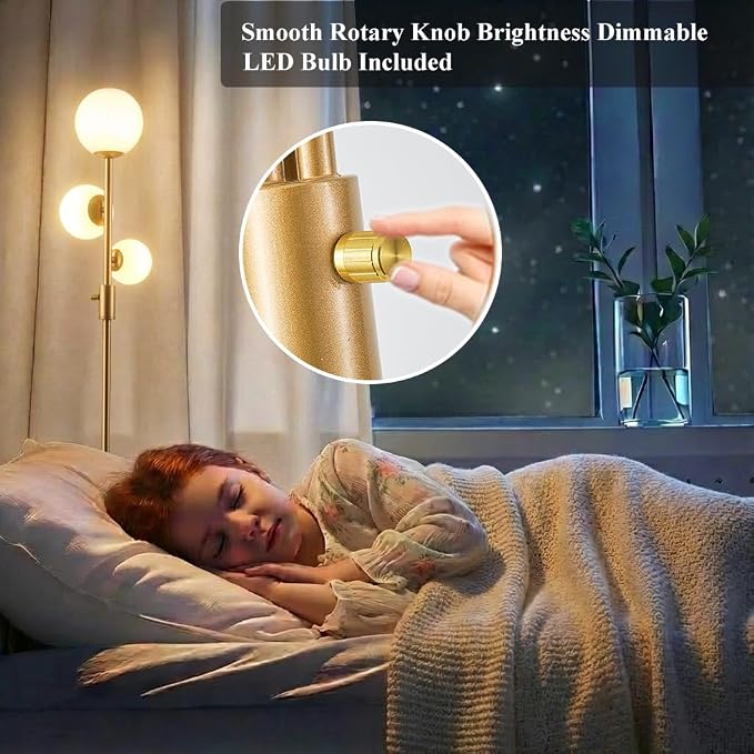 Fiqevs Dimmable 3 Globe Floor Lamp - Mid Century Modern Gold Standing Lamp with Frosted Glass Shade & LED Bulbs for Living Room, Bedroom, Office