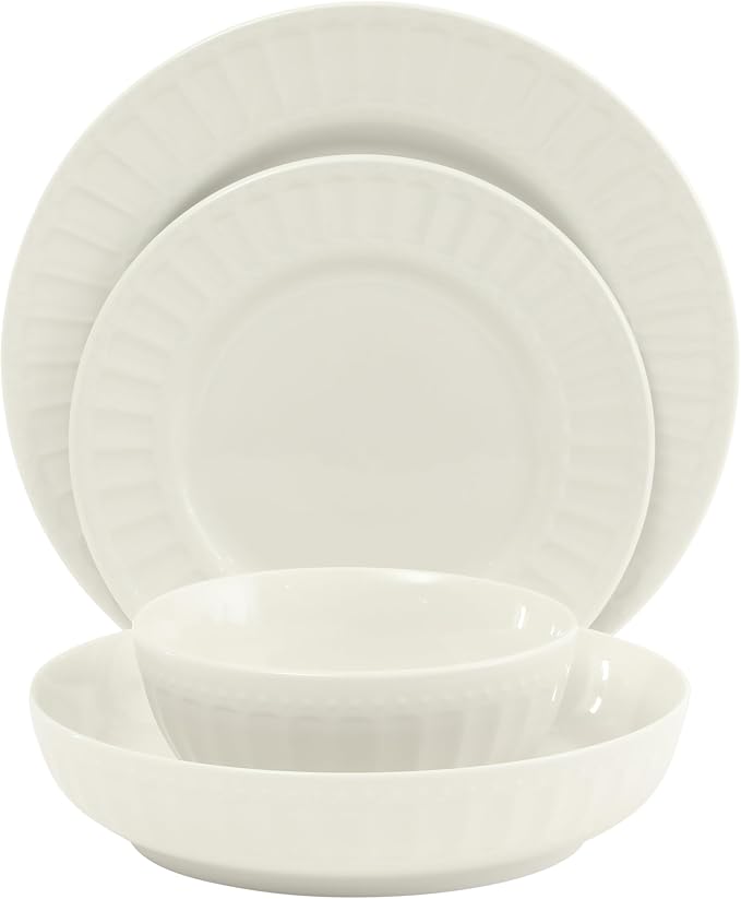 Gibson Home Melbourne White Plates and Bowls Set, 16 Piece Embossed Ceramic Dinnerware Set - Service for 4 Dishes - With Pasta Bowl