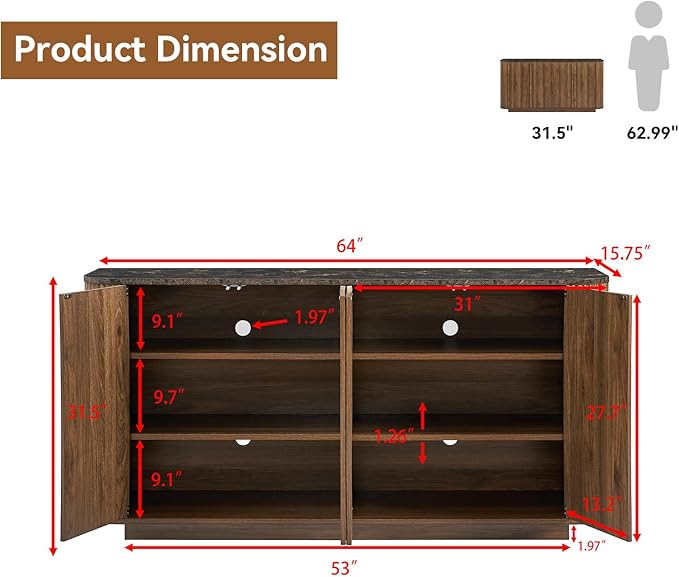 64" Sideboard Buffet Cabinet with Storage, Modern Fluted Credenza with Adjustable Shelves, Wood Faux Marble-Top Coffee Bar Console Table for Living Room Kitchen Dining Room, 31.5" H, Walnut