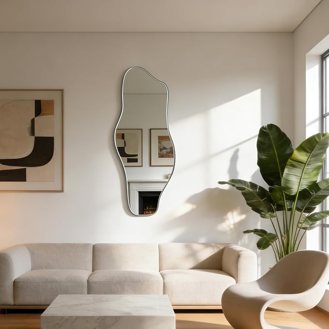 Large Irregular Wall Mirror, 60"x24" Silver Asymmetrical Tempered Glass Mirror, Frameless Organic Shaped Mirrors for Entryway Hallway Bedroom Living Room, Horizontal or Vertical Hanging