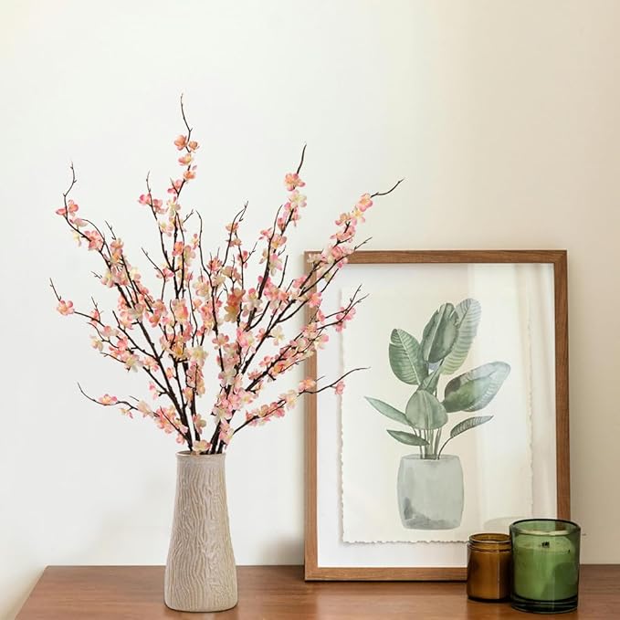 LESING 4pcs Cherry Blossom Flowers Artificial, Fake Silk Cherry Blossom Branches Tall Peach Blossom Flower Stems Arrangement for Wedding Home Office Party Decoration (Light Pink-2)