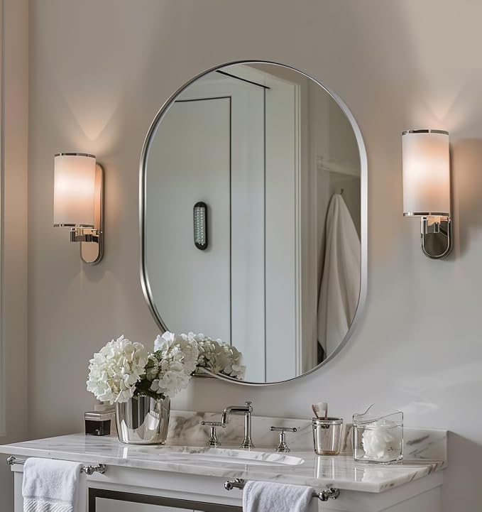 ANDY STAR Chrome Oval Mirror, 24x32'' Oval Mirror Pill-Shaped Contemporary Design in 1'' Antirust Stainless Steel Metal Frame for Bathroom, Entryway Wall Mounted Vertical/Horizontal
