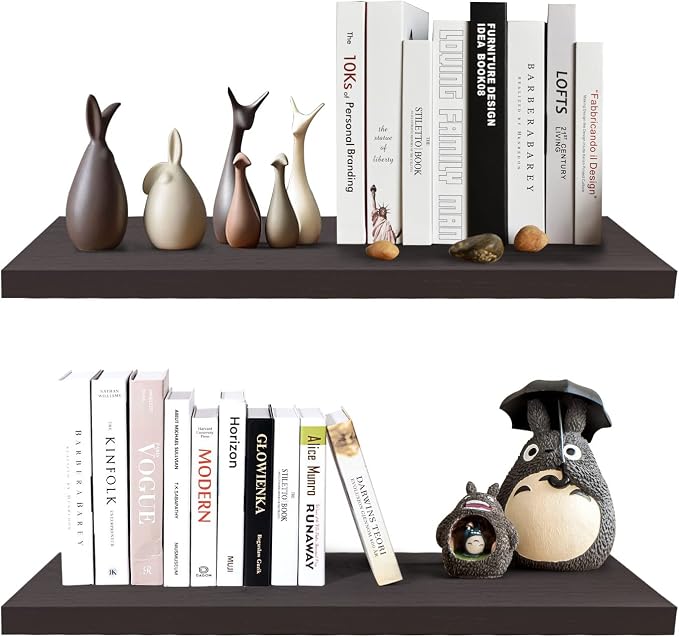 SAUMONIERES 24 Inch Floating Wall Shelves for Bedroom Bathroom Wall Mounted Solid Wood Shelf Storage Set of 2, Espresso