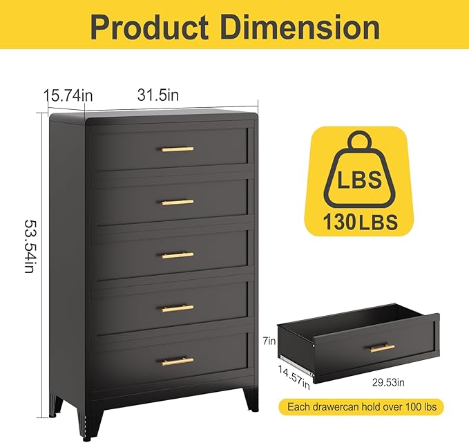 5 Drawers Tall Black Dresser for Bedroom, 52.16" Metal Dressers & Chests of Drawers Curved Corner Design, Storage Organizer Drawer Chest with Large Capacity for Living Room, Hallway, Entryway