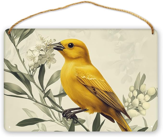 Artful Retro Yellow Bird on Blossom branches Wooden Wall Art, Botanical Home Decors for Nostalgia Seekers, 12x8 Inch Wood Sign for a Warm Living Space Touch