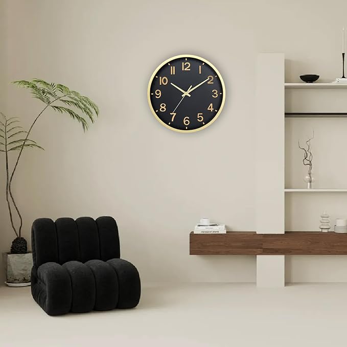Wall Clocks Battery Operated 8 inch Modern Wall Clock,Silent Non Ticking Wall Clock for Living Room Bedroom Kitchen Office Classroom Decor (Black Gold)
