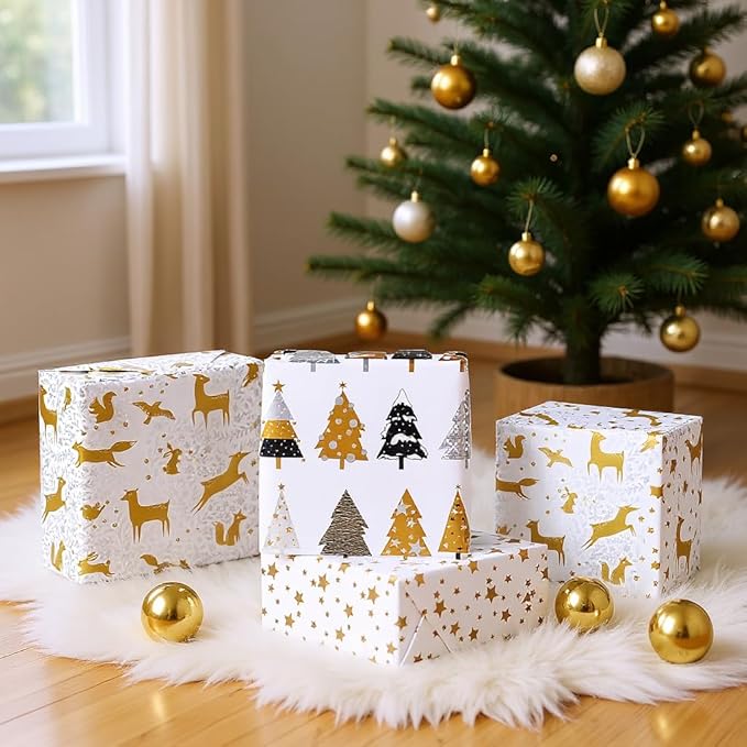 Miss DuiDui Christmas Gift Wrapping Paper, 3 Rolls, 17 inch x 9.8 feet, Gold Stars Animals Trees Xmas Design for Christmas, Party, Kids Boys Girls, Baby Shower, Holiday