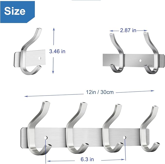 HAMUTH 12 Inch Coat Rack Wall Mount 2 Packs, Heavy Duty Wall Hooks with 4 Hooks, Silver Wall Hooks Hangers for Entryway, Bathroom - for Hanging Backpack, Bag, Coat, Purse, Hat, Towel, Clothes
