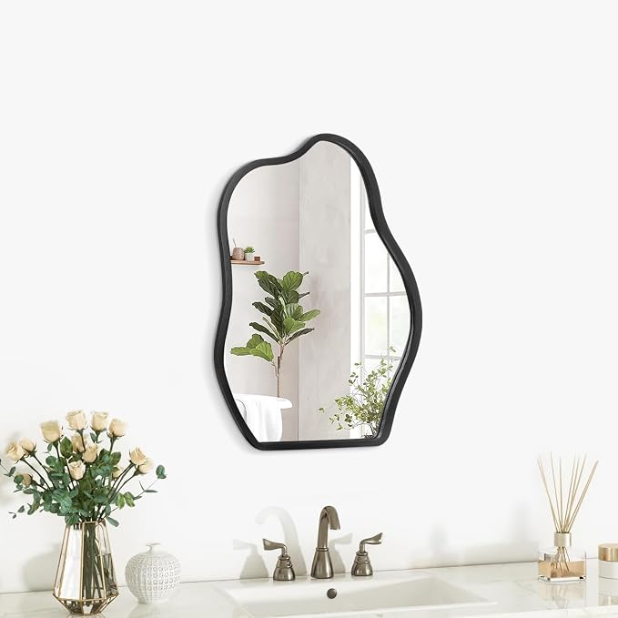 Asymmetrical Wood Frame Mirrors for Wall Oval Hanging Mirror Unique Irregular Modern Mirror for Entryway Hallway Living Room Bedroom Vanity Decorative Artistic Wall Mirror