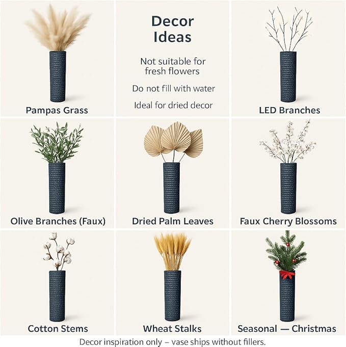 Leewadee Black Tall Floor Vase, Set of 2 Decorative 24/19″ Large Black Vases from Metal for Home Decor Living Room, Style with Pampas Grass for Modern, Vintage, Rustic or Farmhouse Room Decor