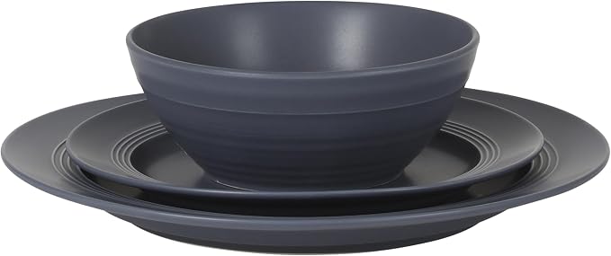 Gibson Elite Soleil 12 Piece Echo Blue Stoneware Dinnerware Set for 4, Plates and Bowls Set with Dinner Plates, Salad Plates and Bowls