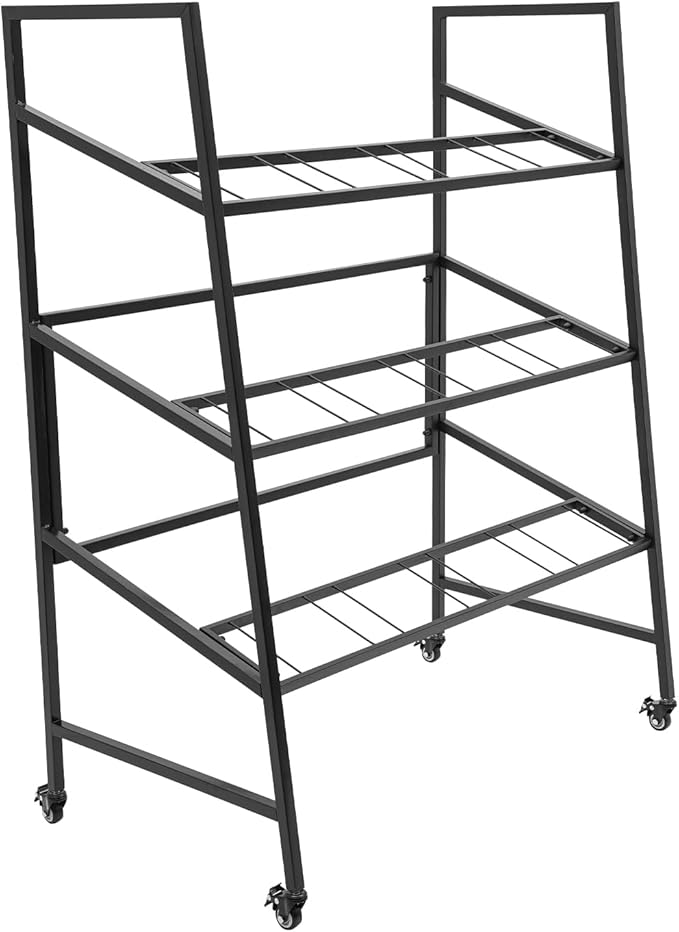 3-Layers Flower Display Stand Metal Plant Holder with 12PCS Buckets Moving Plant Cart Shelf Flower Shelf for Florist Garden Patio,3.28 * 1.84 * 4.04ft (Black Frame With Black Buckets)