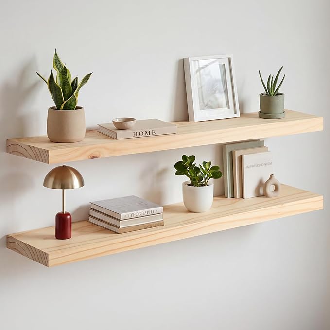 Homeforia 36 inch Natural Floating Shelf, High End Solid Real Wood 36inch Small Floating Shelves for Wall Mounted, Natural Wooden Floating Shelves, Heavy Duty Bracket, 36 X 6.5 X 1.75 in, Set of 3