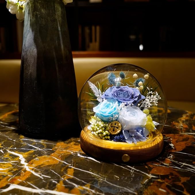 Preserved Real Rose Flowers in Glass Dome with LED Lights,Real Rose Flowers Unique Floral Gift for Girlfriend Mom Wife Girlfriend on Christmas Birthday Anniversary (Starry Sky Blue)