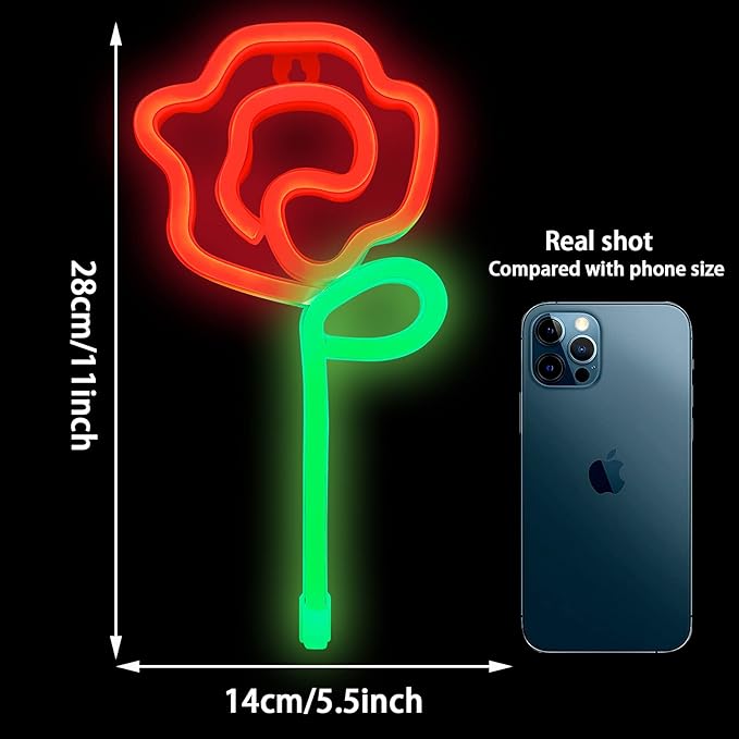 ENUOLI Rose Neon LED Signs Red Rose Flower with Green Stem Art Wall Sign for Cool Light,USB/Battery Operated Night Neon Light Flower Decor for Party,Bedroom,Bar,Wedding,Gift (Red)