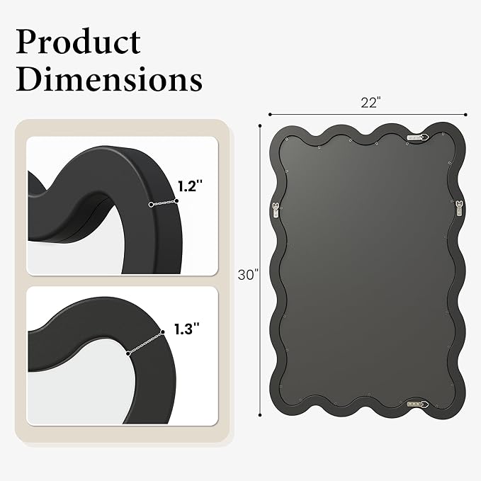 22"x30" Matte Black Wavy Wall Mirror for Powder Room & Vanity, Solid Wood Squiggle Mirror, Small Asymmetrical Irregular Mirror, Funky Aesthetic Decor, Vertical/Horizontal