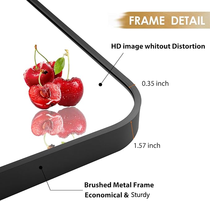 22x30 Inch Black Wall Mirror for Bathroom, Brushed Metal Framed Mirror with Rounded Corner, Rectangle Bathroom Vanity Mirror for Bedroom or Living Room, Horizontal/Vertical