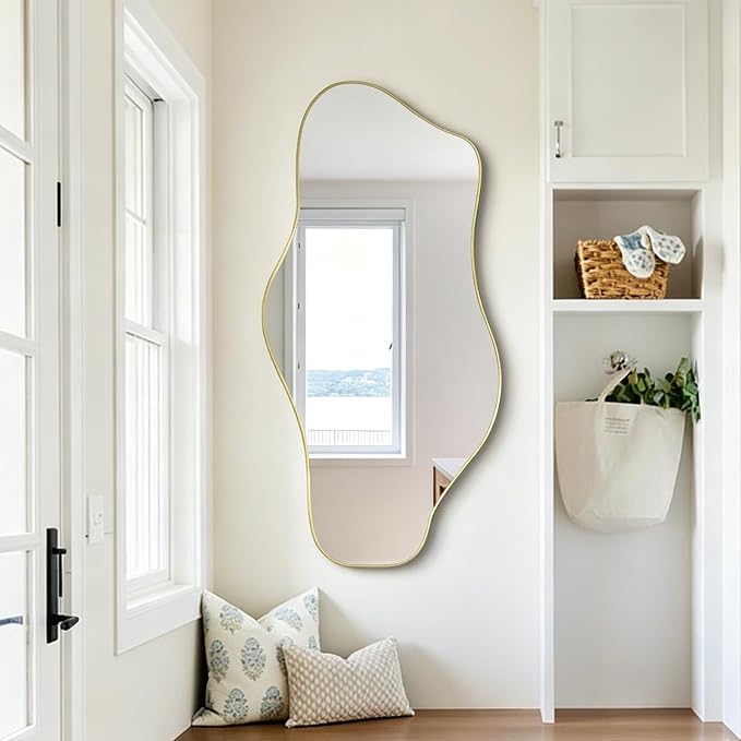 Irregular Wall Mirror, 47.2"x24" Gold Asymmetrical Tempered Glass Mirror, Frameless Organic Shaped Mirrors for Entryway Bedroom Living Room Bathroom, Horizontal or Vertical Hanging