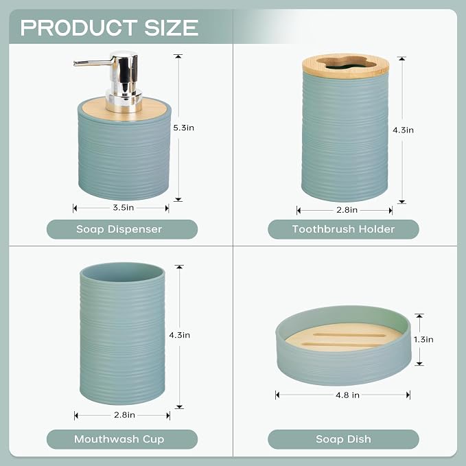 4 Pieces Bamboo Bathroom Accessories Set, Bathroom Accessory Set with Soap Dispenser and Toothbrush Holder, Soap Dish and Toothbrush Cup, Boho Bathroom Decor(Aqua)