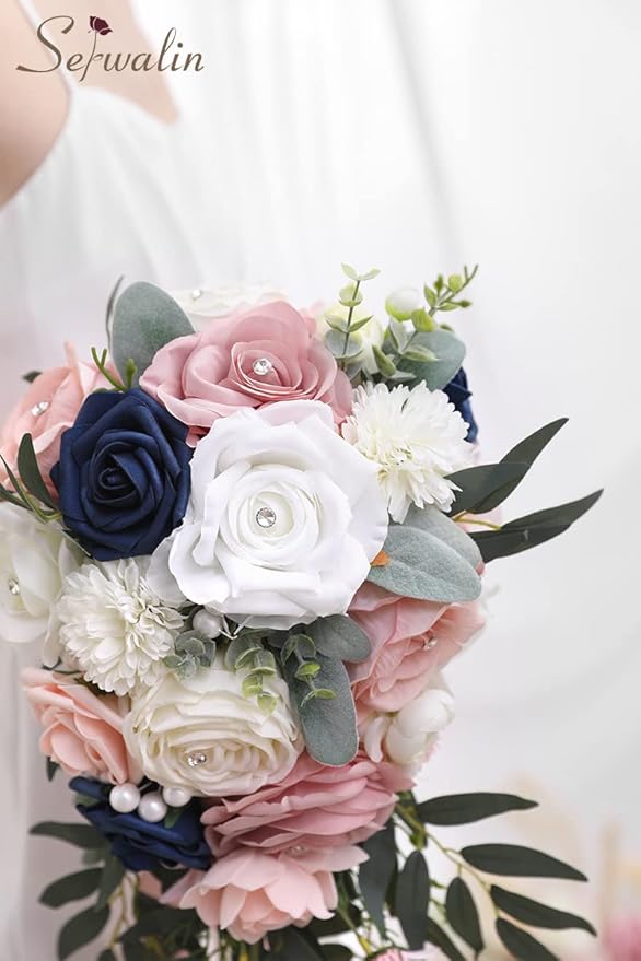 Serwalin 9.8 Inch Wedding Bouquets for Bride Bridesmaid, Pink Blue Rose Bridal Bouquets for Bride, Wedding Flowers Bouquet Tossing Bouquet, Wedding Ceremony and Anniversary Day Decor