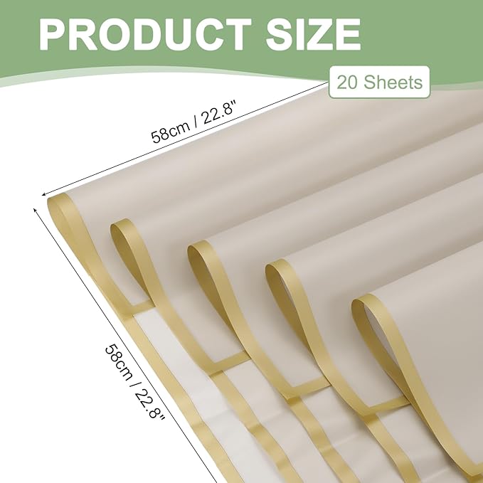 PATIKIL Flower Gift Wrapping Paper, 20 Sheets Gold Edge Waterproof Bouquet Paper Wrap Florist Supplies Packaging Floral Papers for Wedding DIY Craft Valentine Mother's Day, Khaki