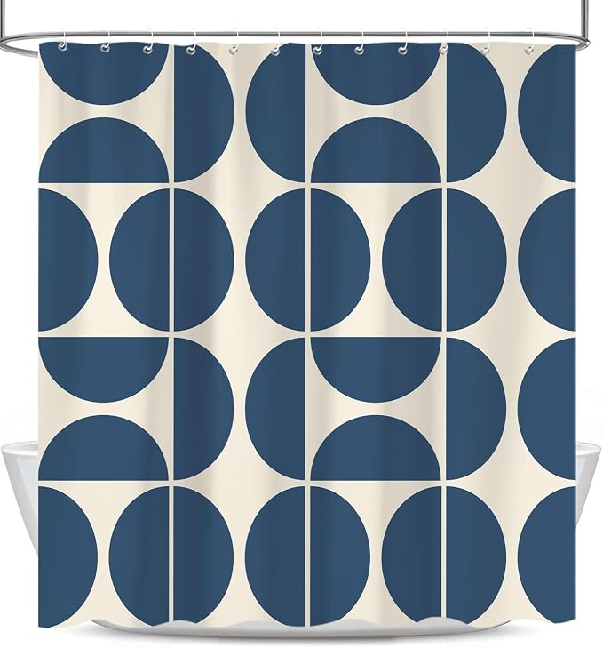 Dark Blue Mid Century Modern Shower Curtain, Boho Abstract Geometric Retro Art Shower Curtains for Bathroom, Colorful Unique Pattern Polyester Fabric Shower Curtain Set 12 Hooks 72X72IN