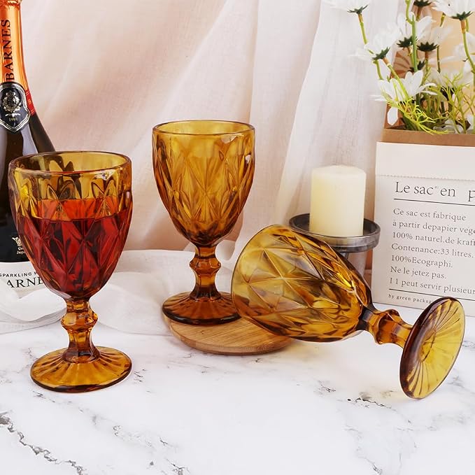 Pure Amber Wine Glasses 6Pcs a Set Solid Colors Glass Goblets Colorful Dishwasher Safe Colored Glassware With An Embossed Vintage Never Fade Colored Goblets Pattern Like Crystal (Glass, Amber)