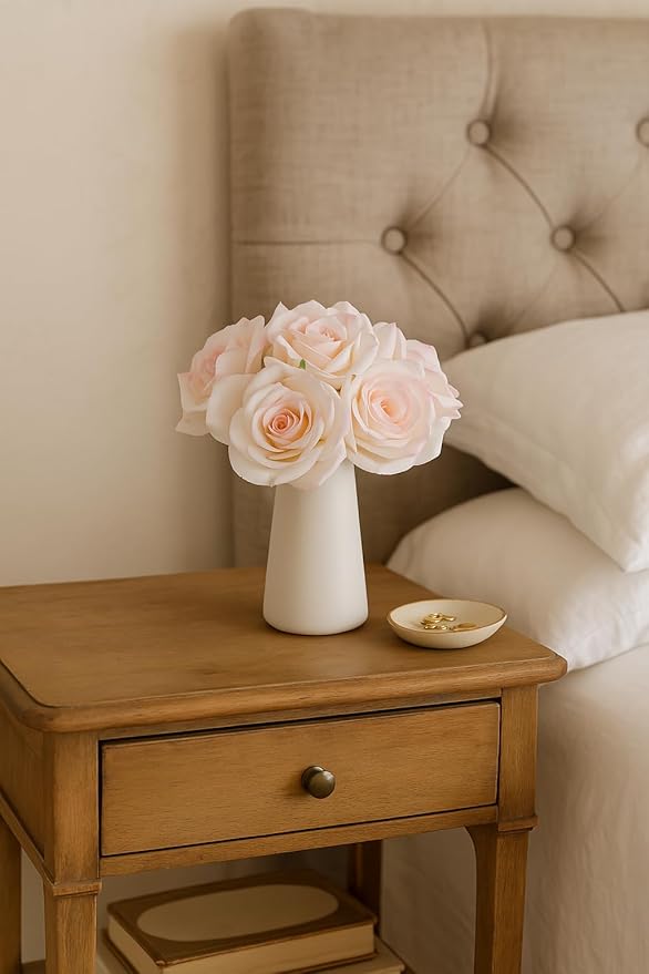 12-Piece Faux Real Touch Rose Bouquet in Ceramic Vase, Fake Flowers in Vase, Artificial Flowers for Home, Wedding, Bridal Bouquet, Party & Dining Table Centerpiece Decor (Pink Edge, 10" High)